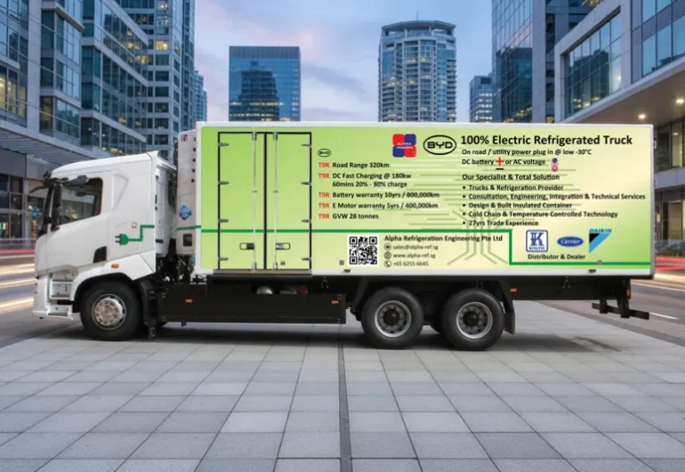 Refrigerated truck on a Singapore cold chain route as operators plan the move to an electric refrigerated truck