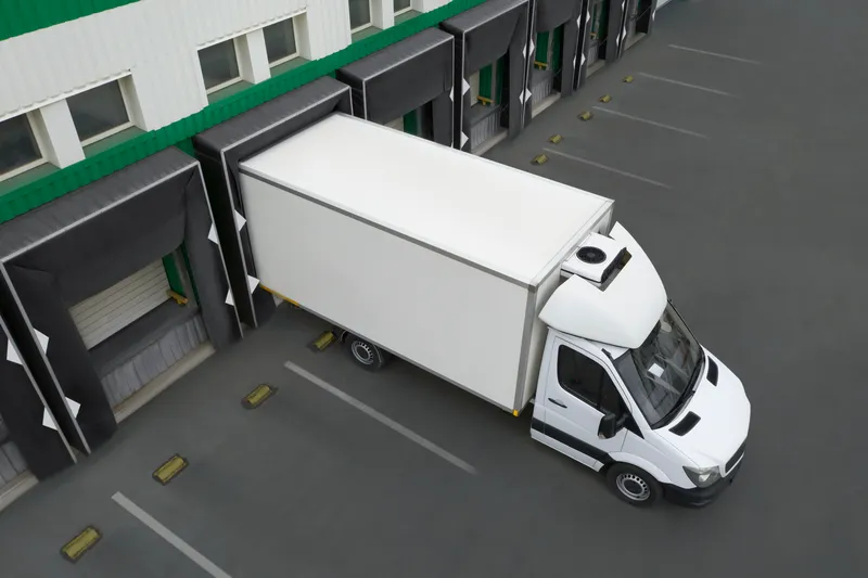 Refrigeration truck body with insulated cargo box loading at warehouse dock for cold chain transport